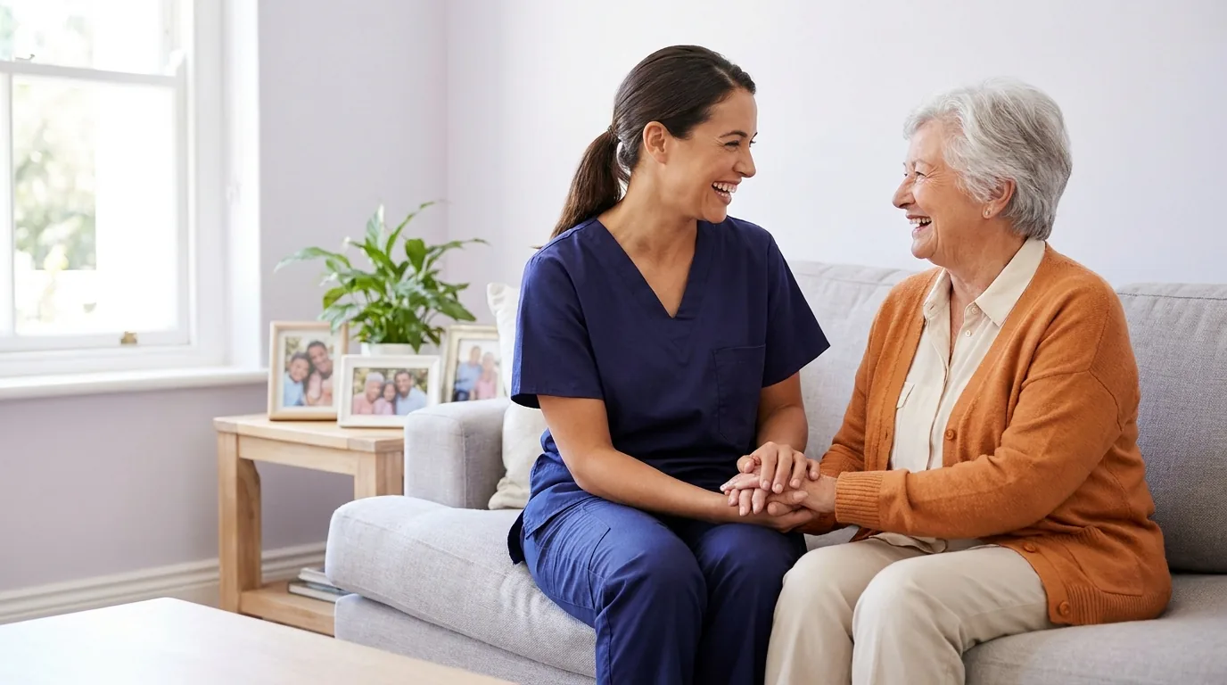 Pflegerin hält lachend die Hände einer älteren Dame auf dem Sofa in deren Wohnzimmer