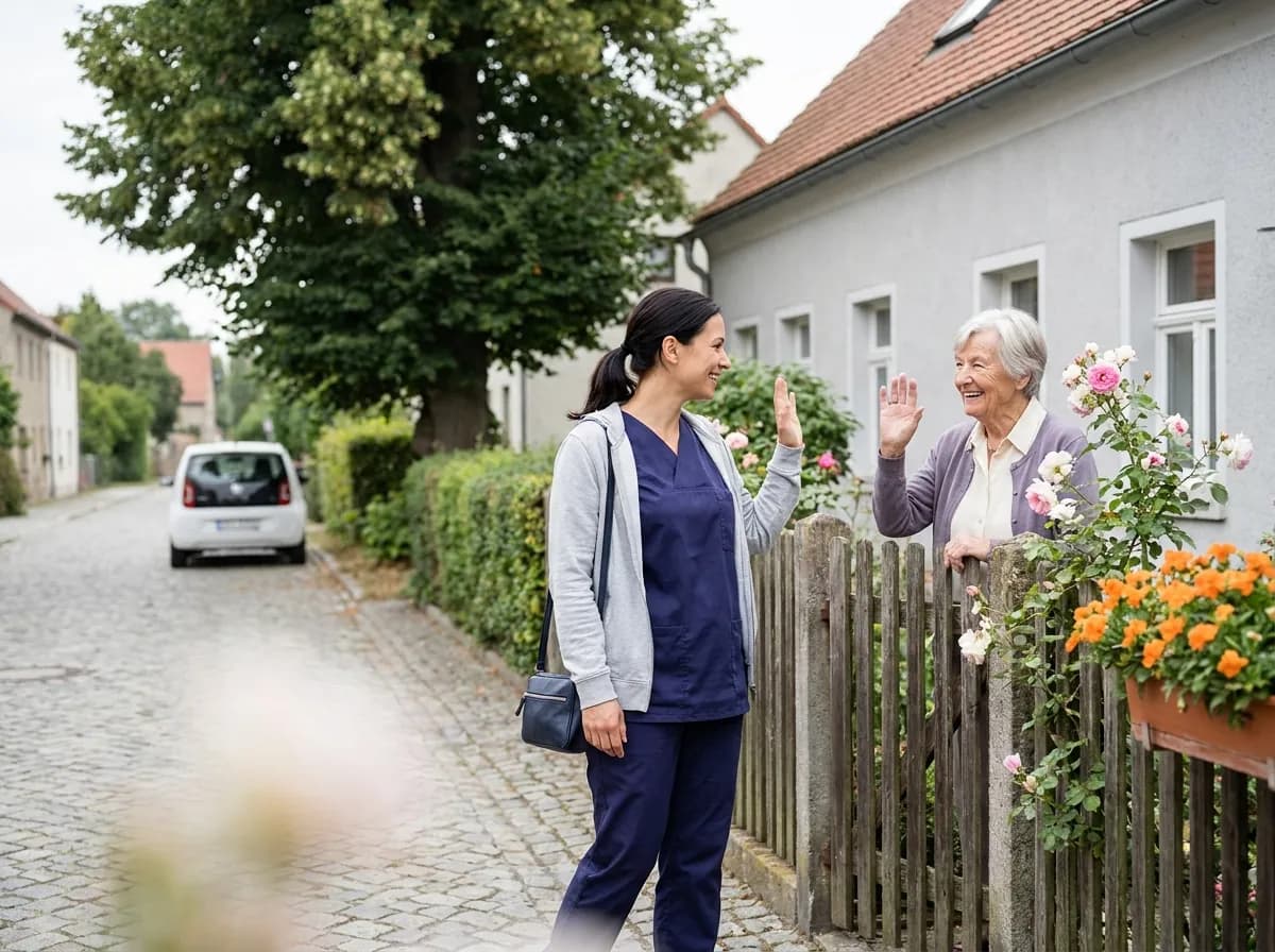 Seniorin winkt der ankommenden Pflegerin am Gartentor zu