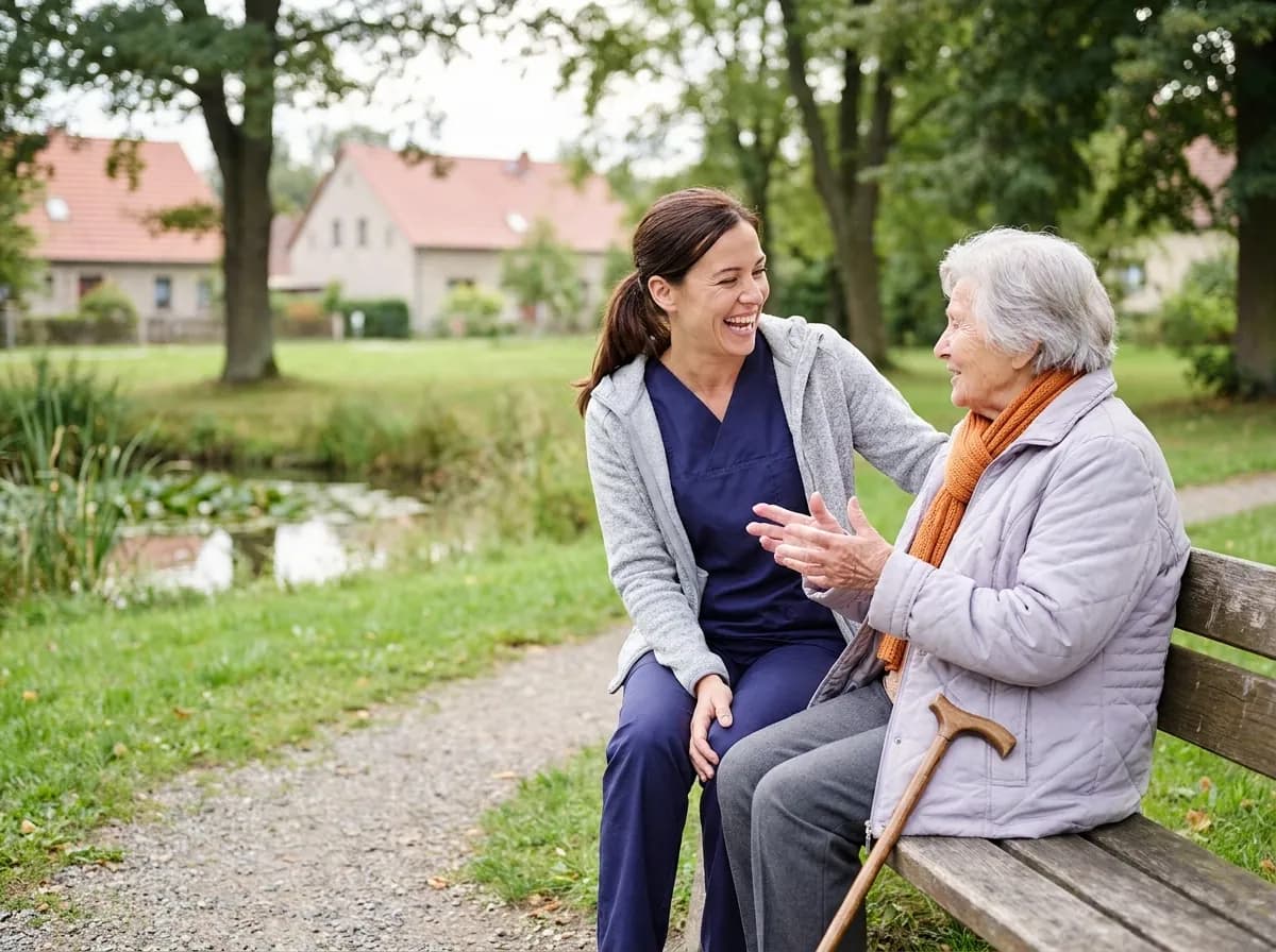 Pflegerin und Seniorin sitzen lachend auf einer Bank am Dorfteich